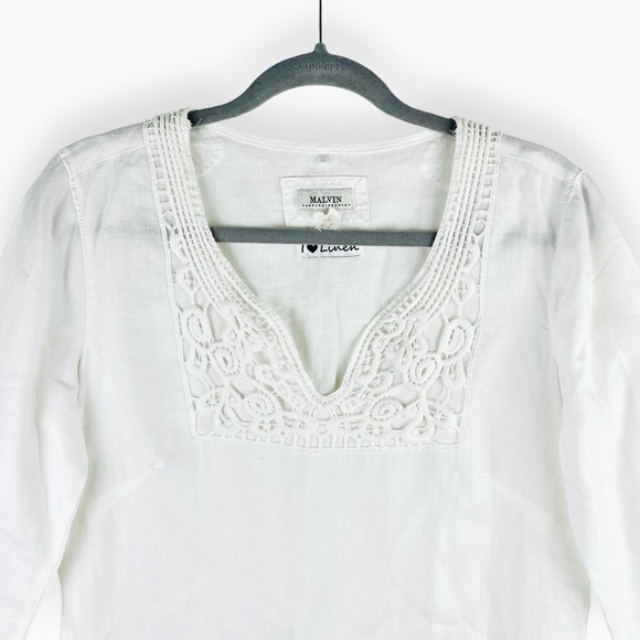 MALVIN I Love Linen Tops - Malvin I 🖤 Linen White Tunic Medium US: 8 Top 3/4 Sleeve Blouse Beach Crochet